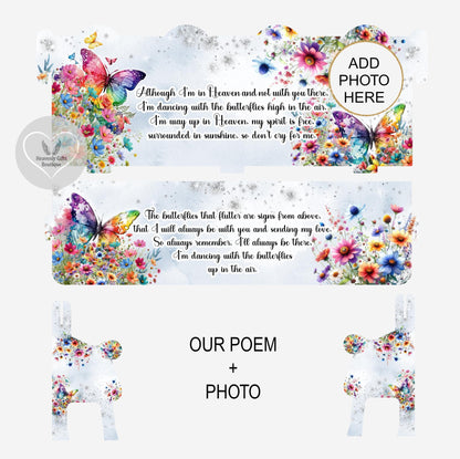 Personalised butterfly memorial bench design with remembrance poem and photo