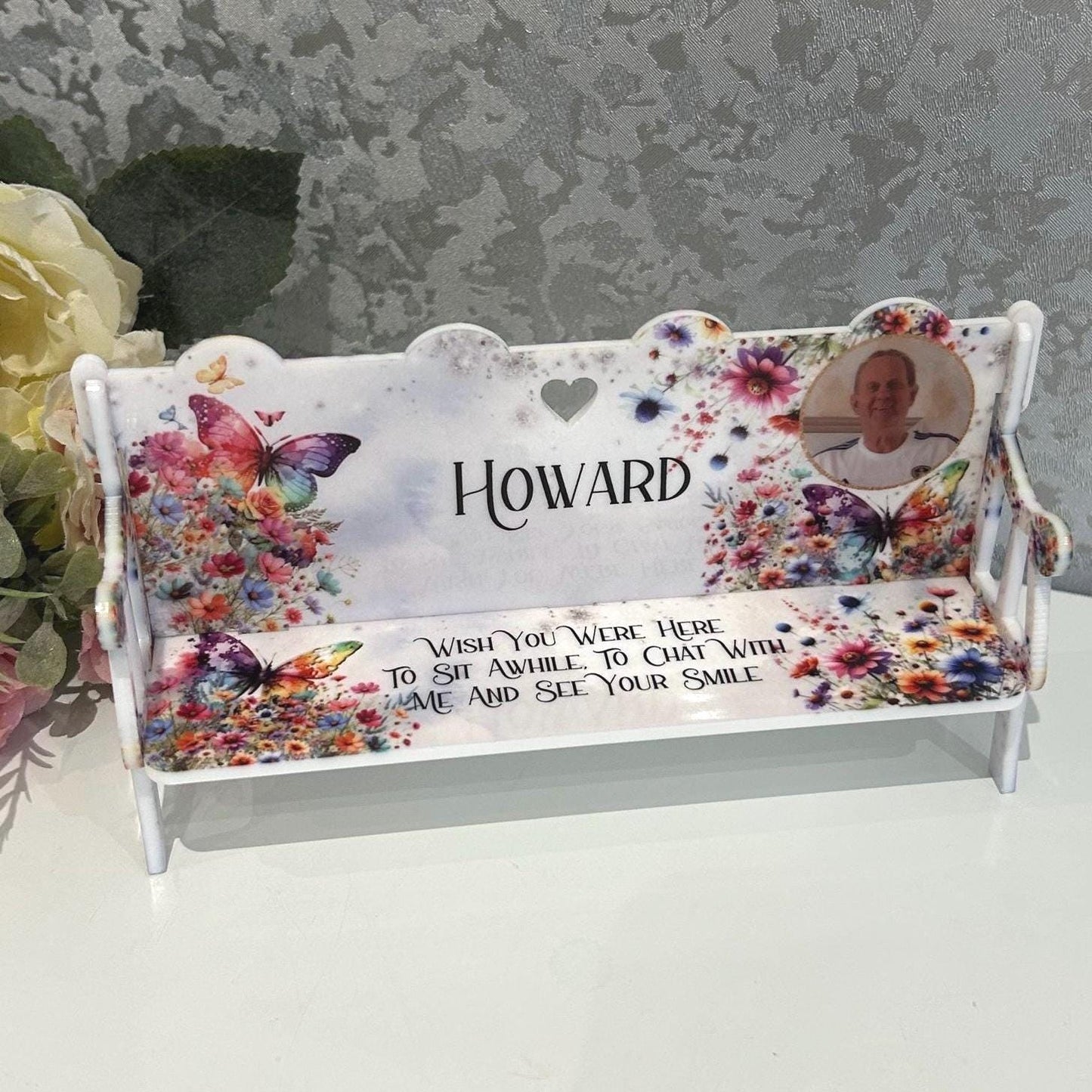 Personalised butterfly memorial bench with photo and personal message