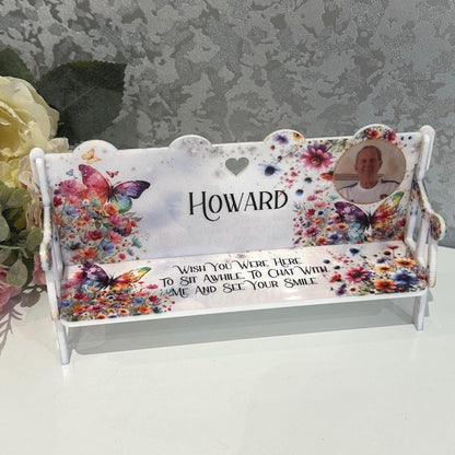 Personalised butterfly memorial bench with photo and personal message