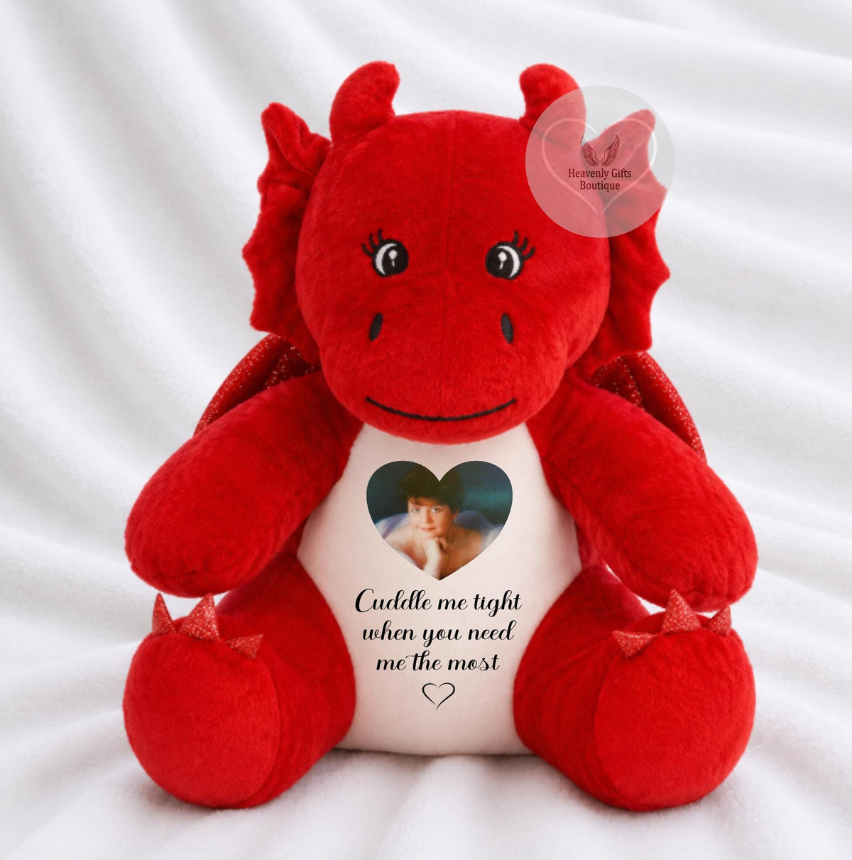 Cuddle Me Tight red dragon memorial keepsake with personalised heart photo