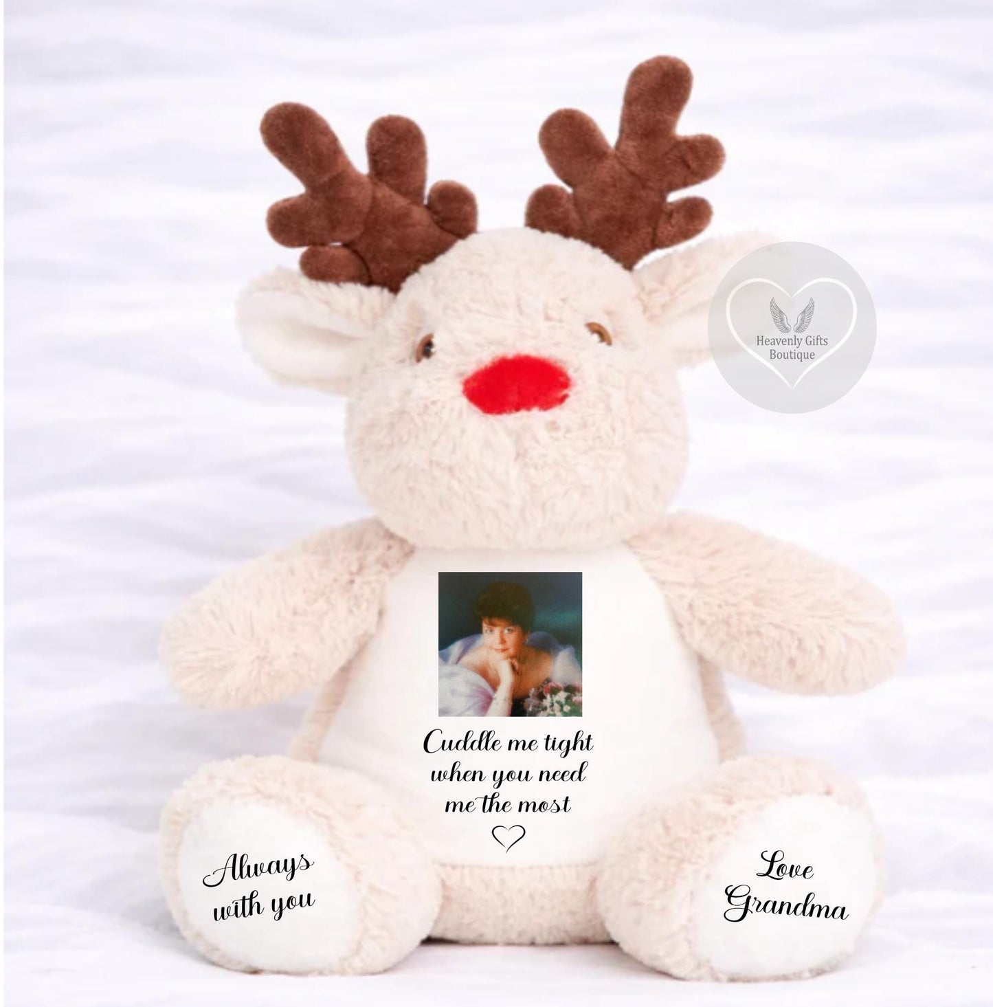 Personalised memorial reindeer with square photo and remembrance wording