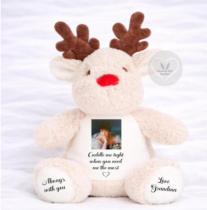 Personalised memorial reindeer with square photo and remembrance wording