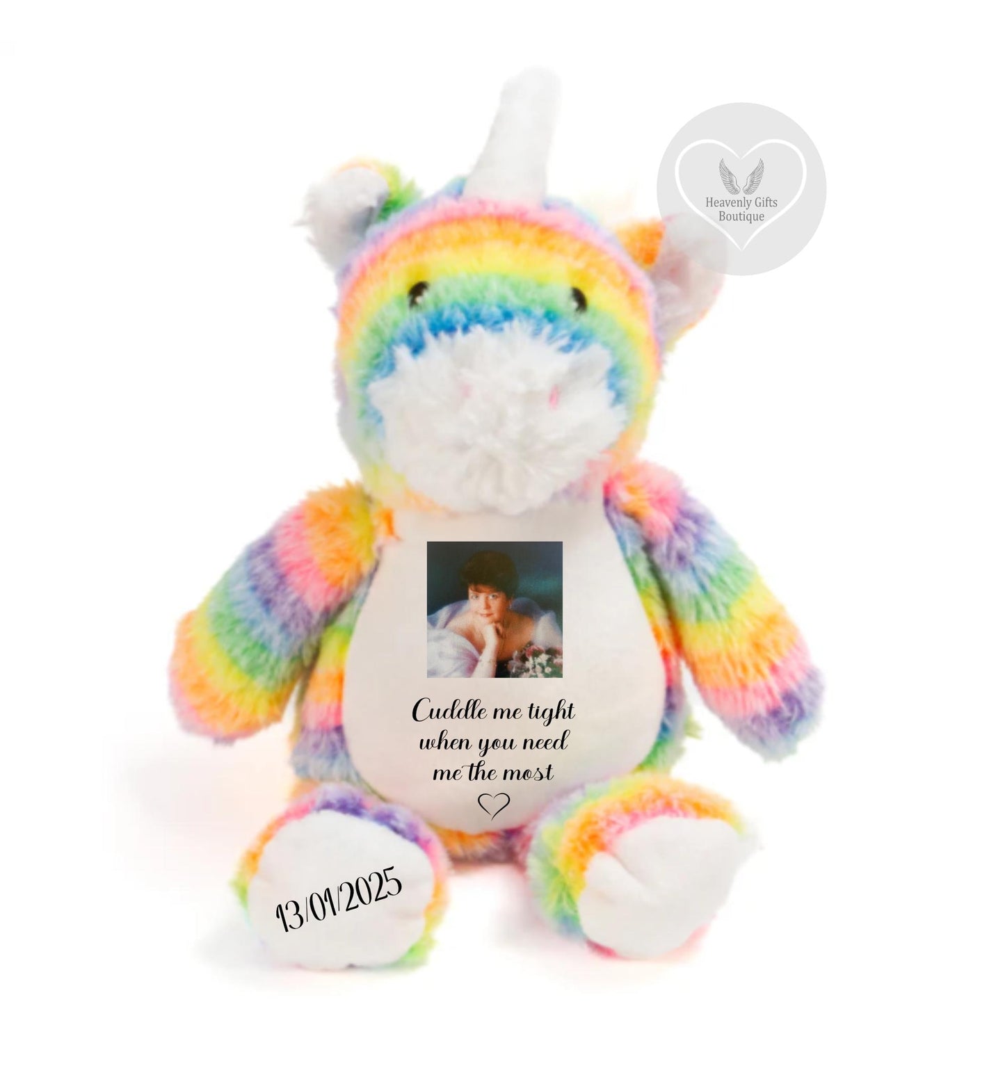 Custom rainbow unicorn memorial keepsake with personalised photo and own wording