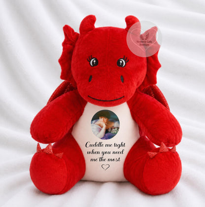 Cuddle Me Tight red dragon memorial keepsake with personalised circle photo