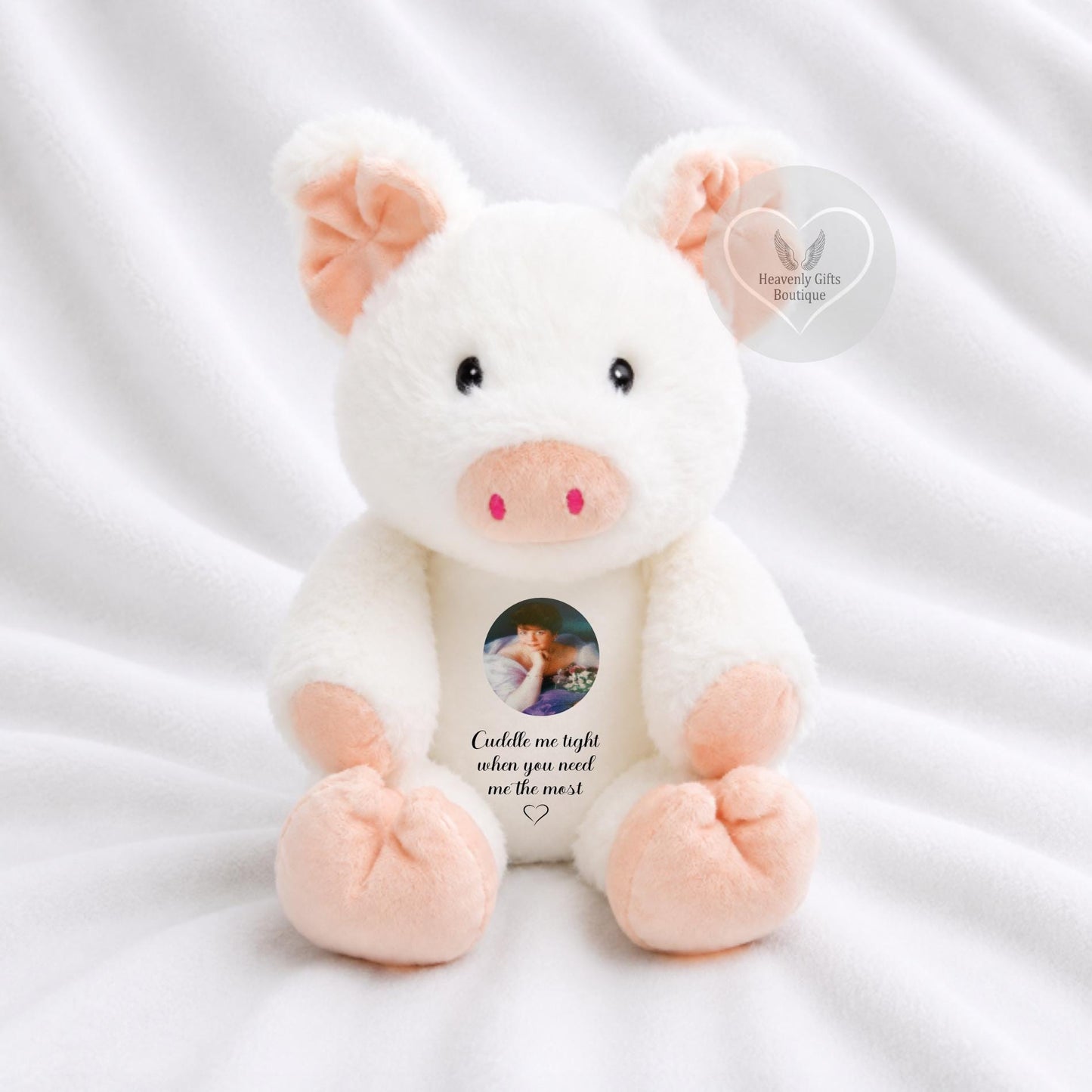 White pig remembrance keepsake with personalised photograph and custom message