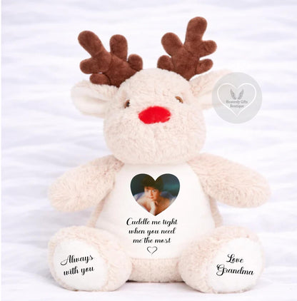 Personalised reindeer memorial bear with heart-shaped photo and Cuddle Me Tight When You Need Me The Most wording