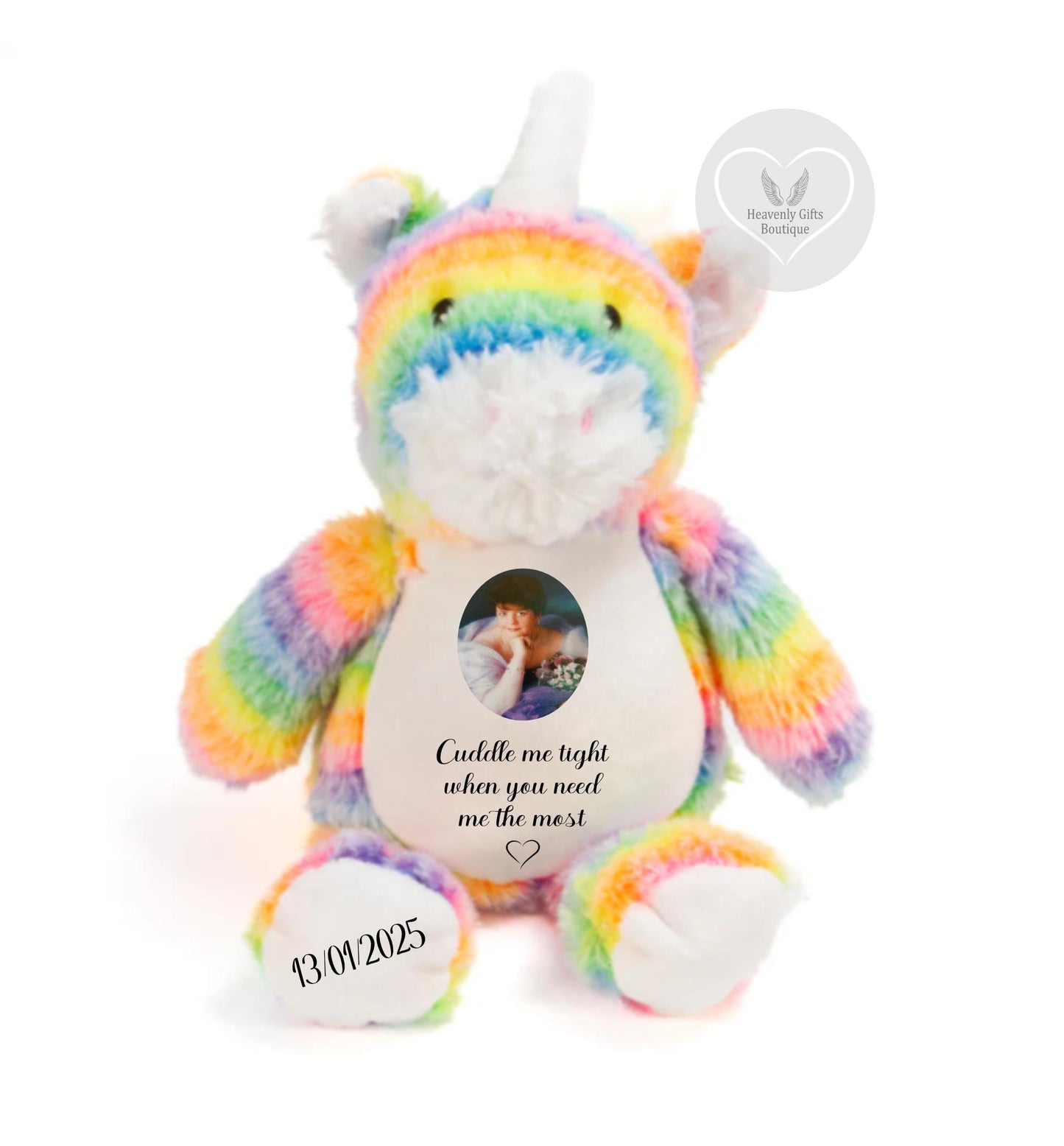 Personalised rainbow unicorn memorial bear with custom remembrance wording