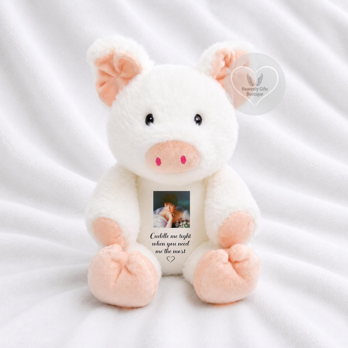 Cuddle Me Tight white pig memorial keepsake with personalised photo