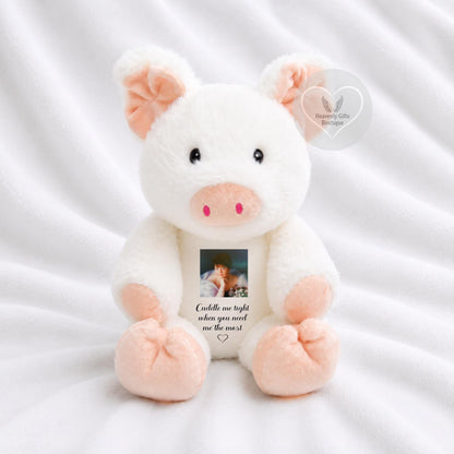 Cuddle Me Tight white pig memorial keepsake with personalised photo