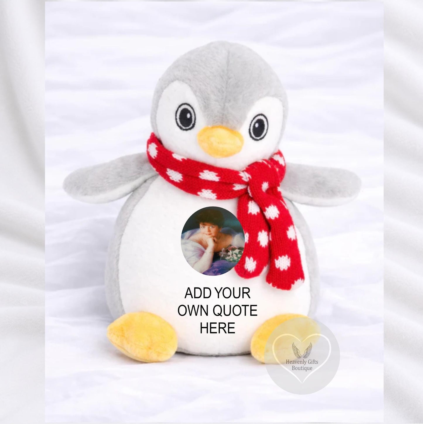 Custom memorial penguin with personalised photo and own wording
