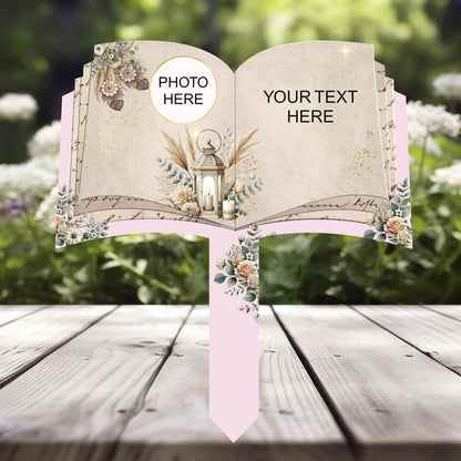 Open book memorial marker for Mum with personalised text and photo