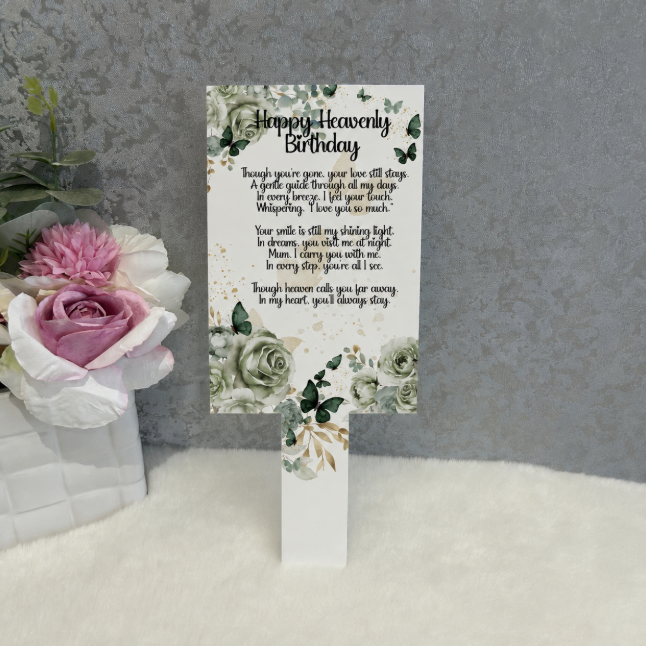Green rose Happy Heavenly Birthday Mum memorial grave marker with butterflies and remembrance poem