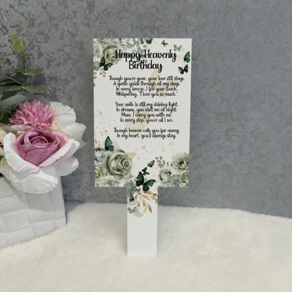 Green rose Happy Heavenly Birthday Mum memorial grave marker with butterflies and remembrance poem