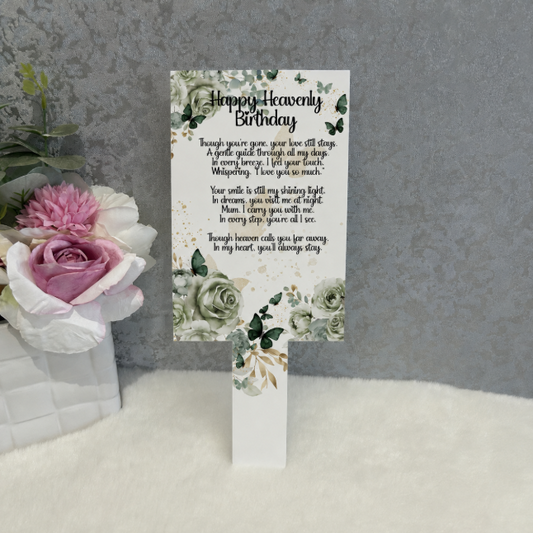 Green rose Happy Heavenly Birthday Mum memorial grave marker with butterflies and remembrance poem