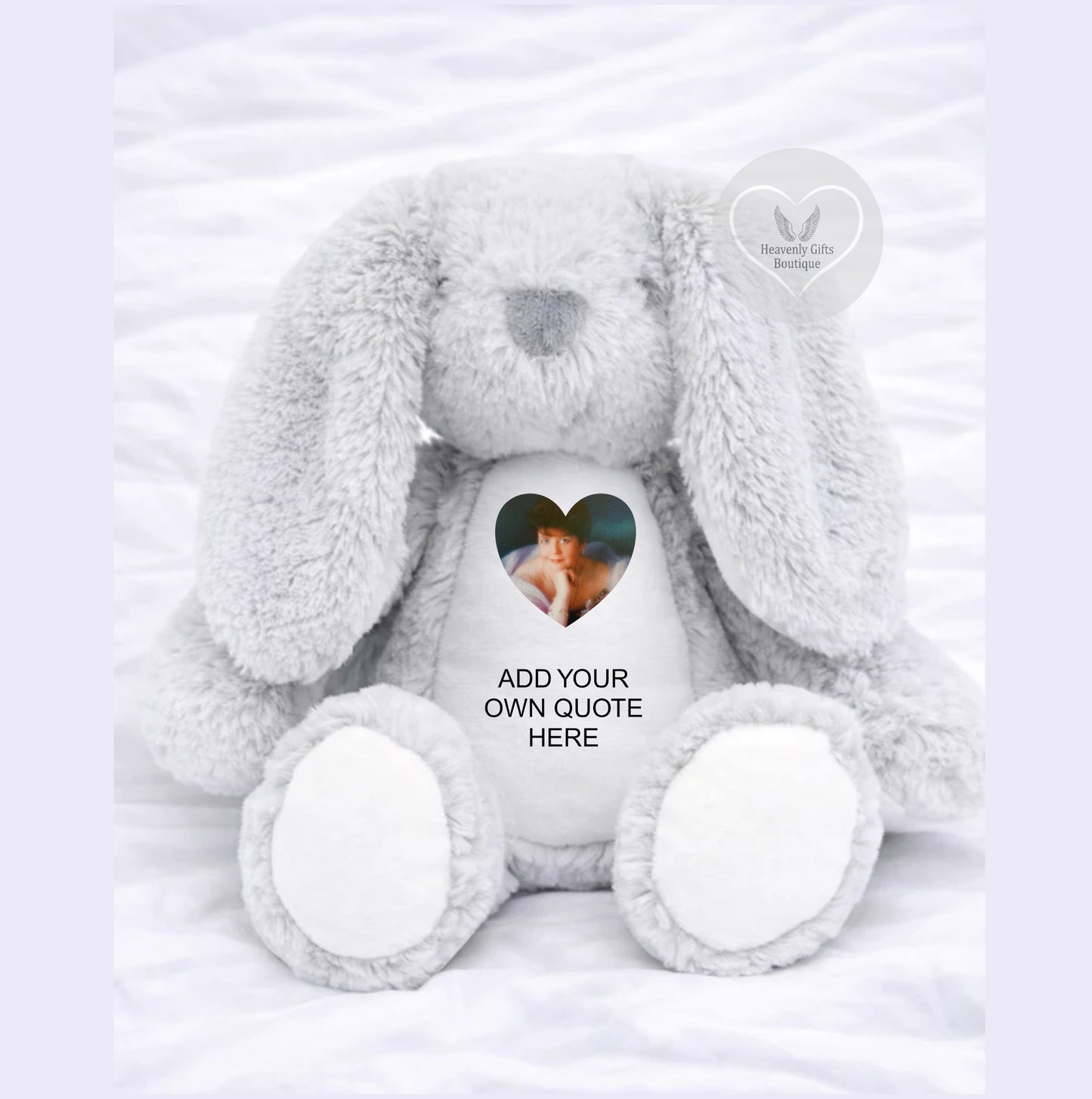Grey memorial bunny with heart-shaped photo panel on the tummy 