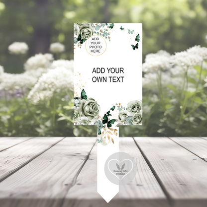 Personalised Mum grave marker with green roses, photo and Birthday memorial message
