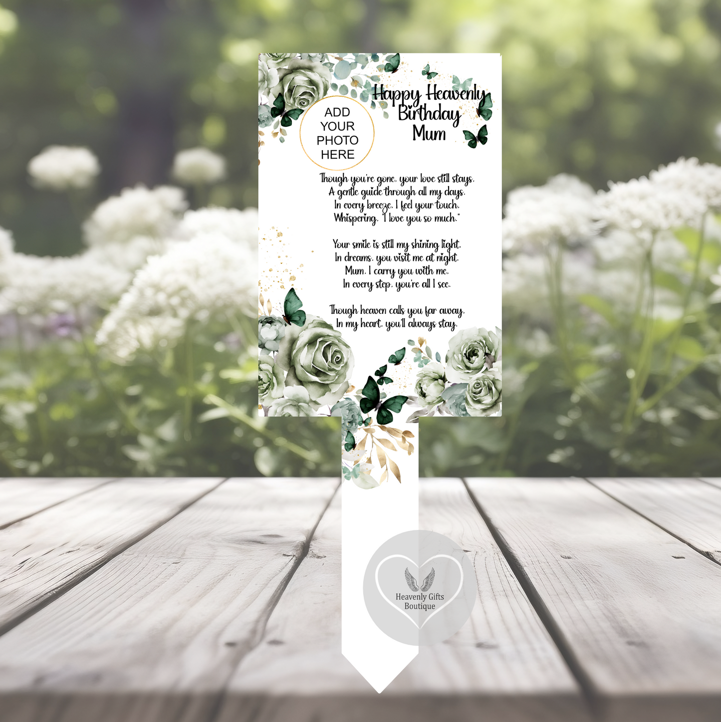 Personalised green rose memorial grave marker for Mum with Happy Heavenly Birthday remembrance verse