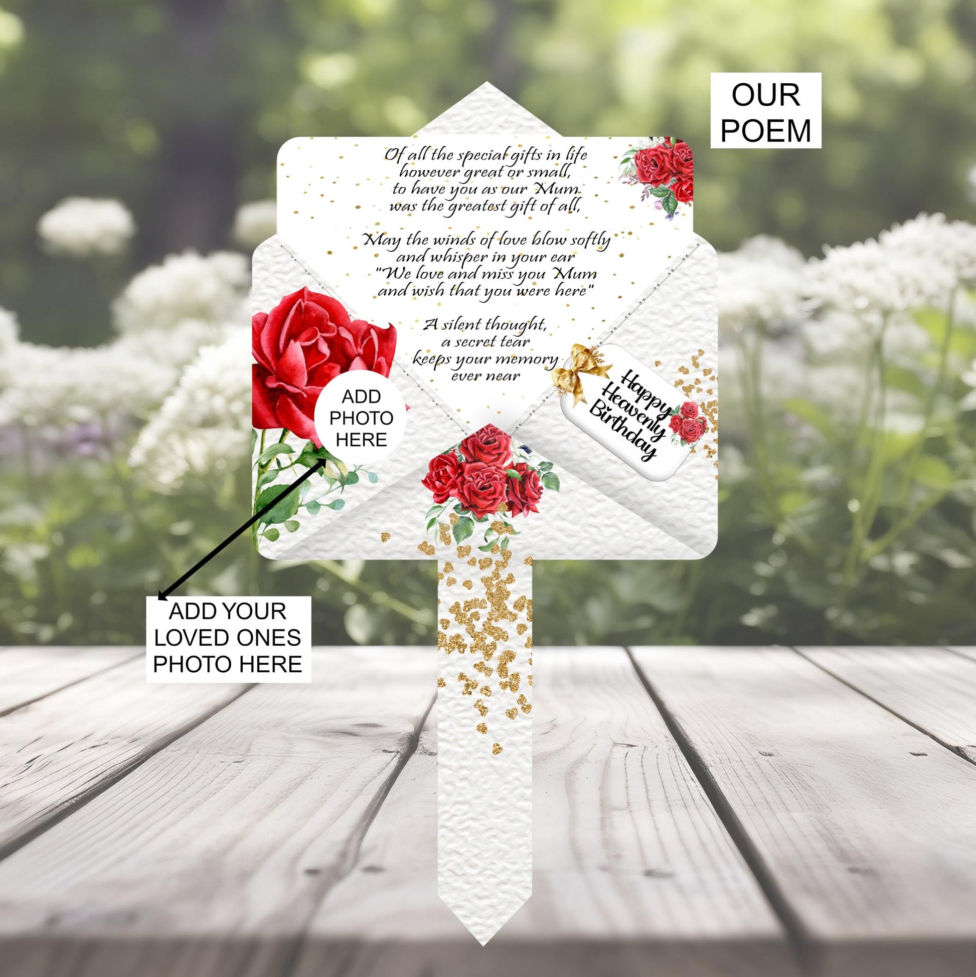 Decorative letter with red roses and text for mum on her birthday or anniversary in heaven