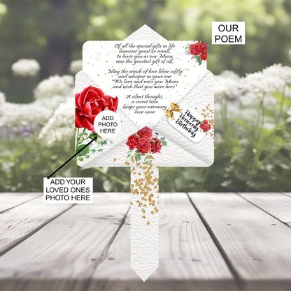 Decorative letter with red roses and text for mum on her birthday or anniversary in heaven