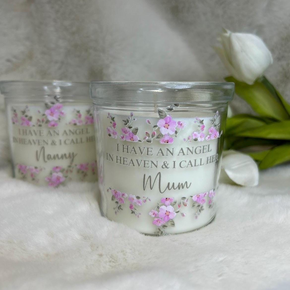 Memorial candle for Mum with angel and pink flower design