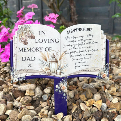 Personalised Dad memorial open book grave marker with A Chapter of Love poem