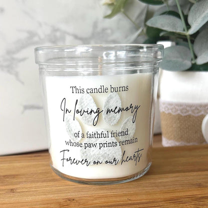 Close-up of the paw print detail on the pet memorial candle