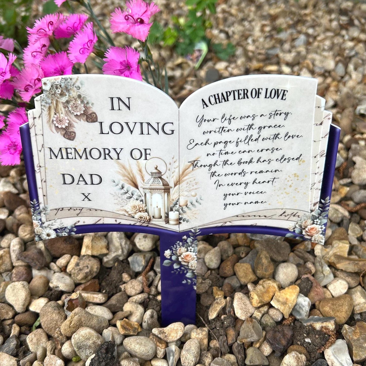 A Chapter of Love open book memorial marker at a graveside