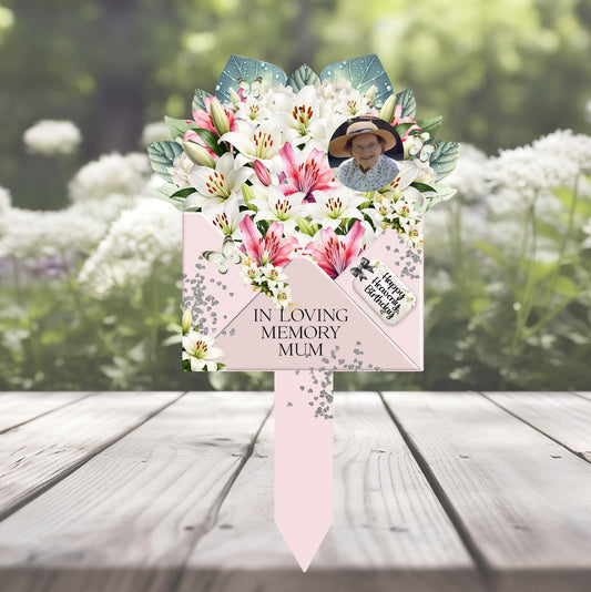 Memorial garden stake with floral design 