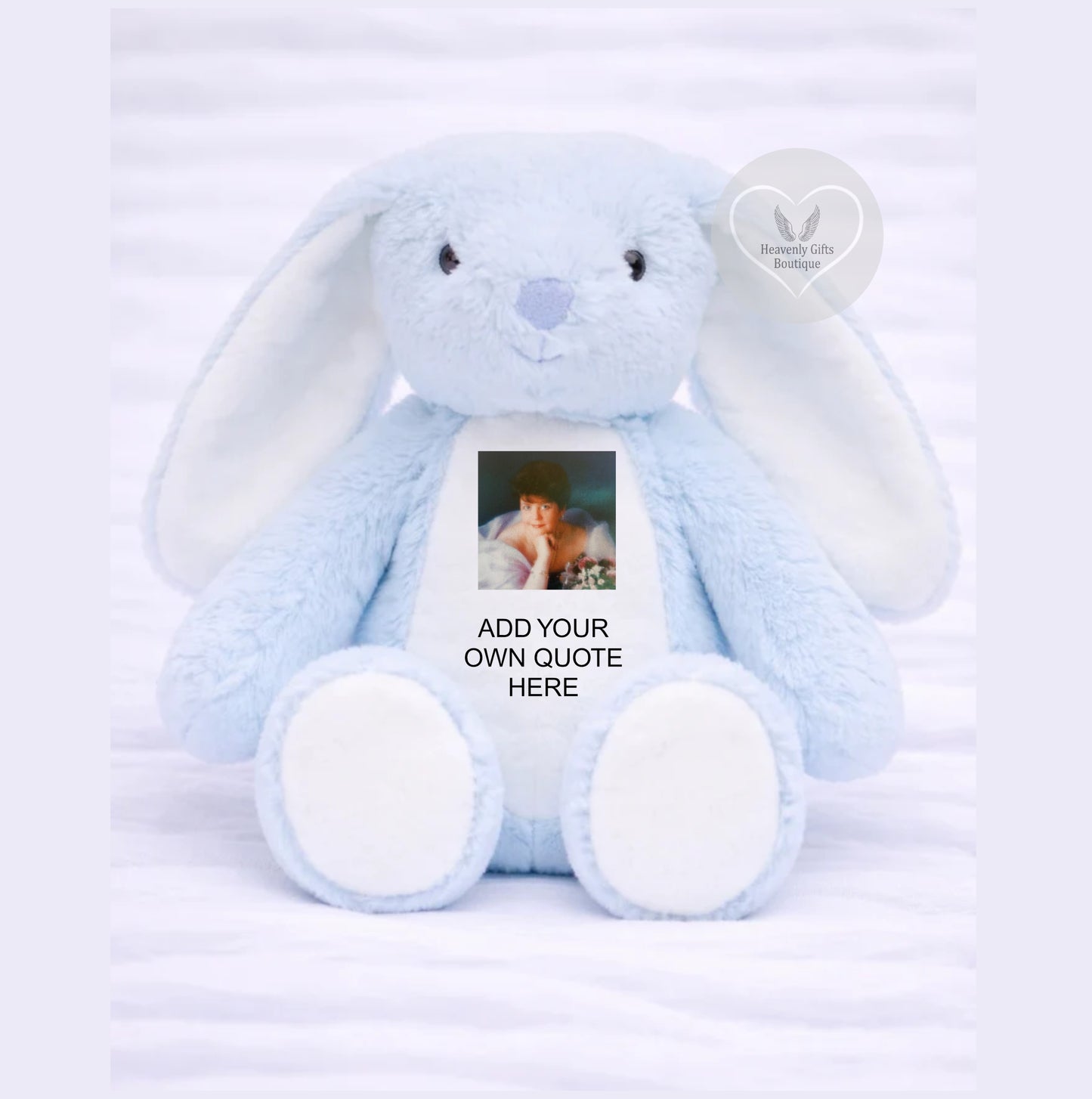 Blue memorial bunny with square-shaped photo panel on tummy 