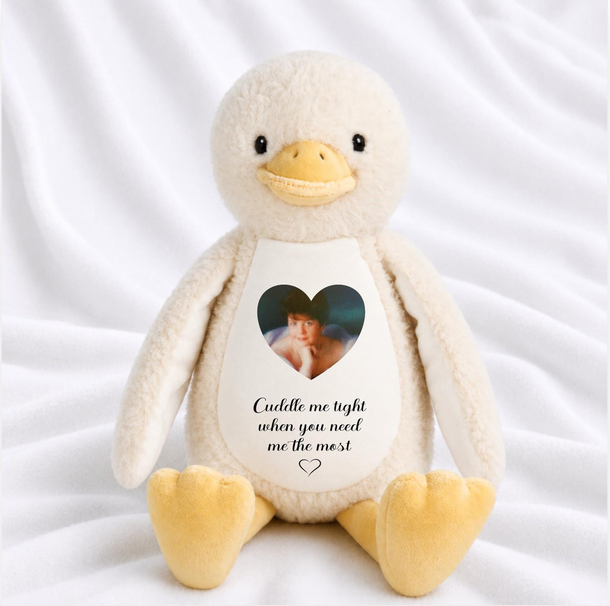 Personalised memorial duck with photo and Cuddle Me Tight remembrance wording