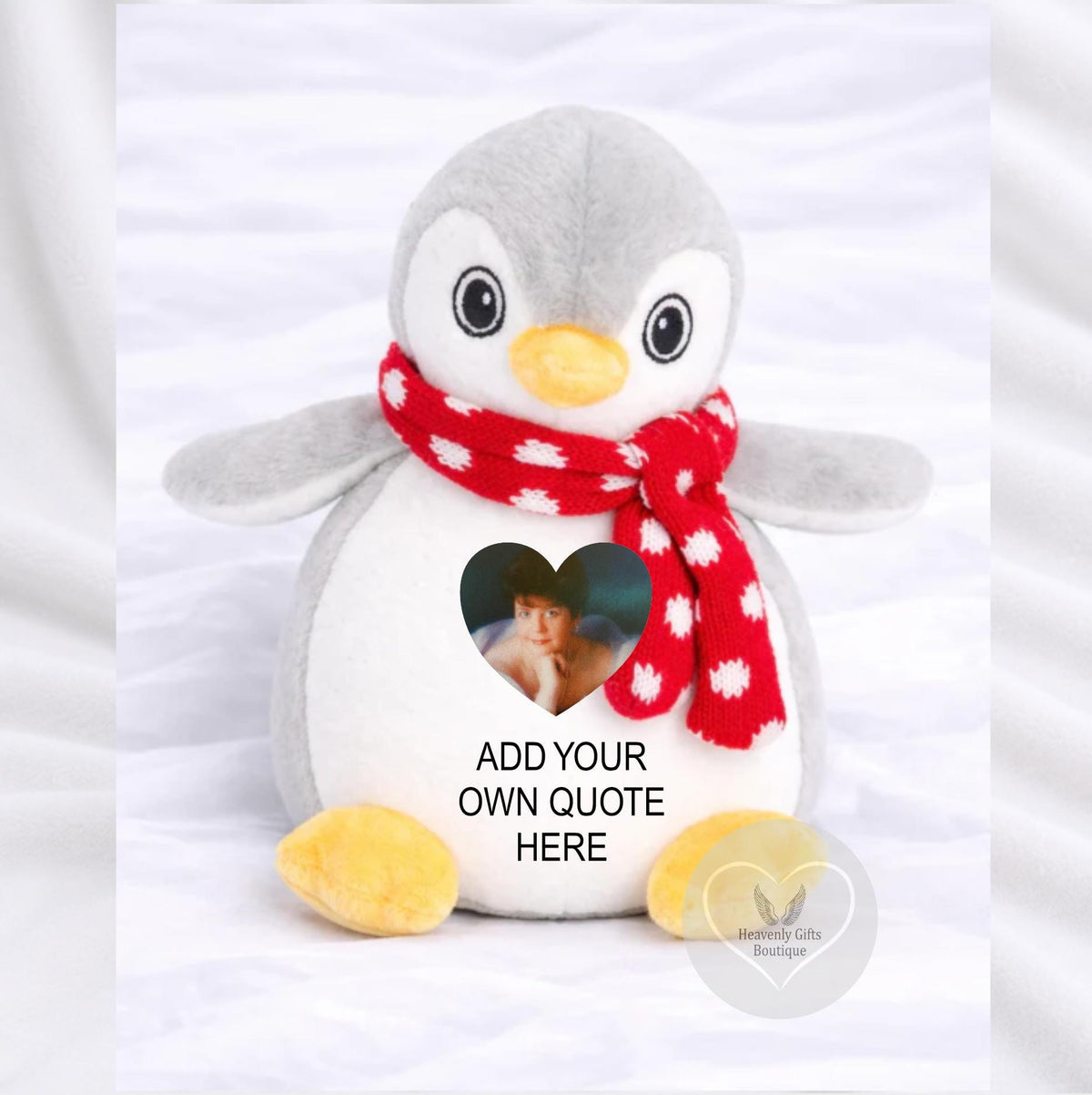 Personalised memorial penguin with photo and your own special wording