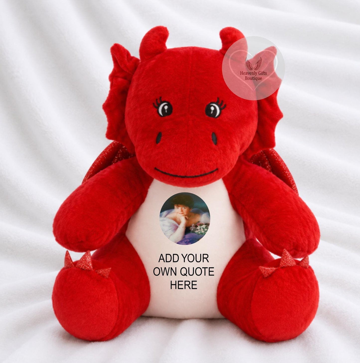 Personalised red dragon memorial keepsake with circle photo and own remembrance wording