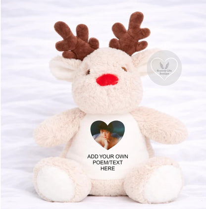 A Cuddle From Heaven memorial reindeer with personalised heart photo