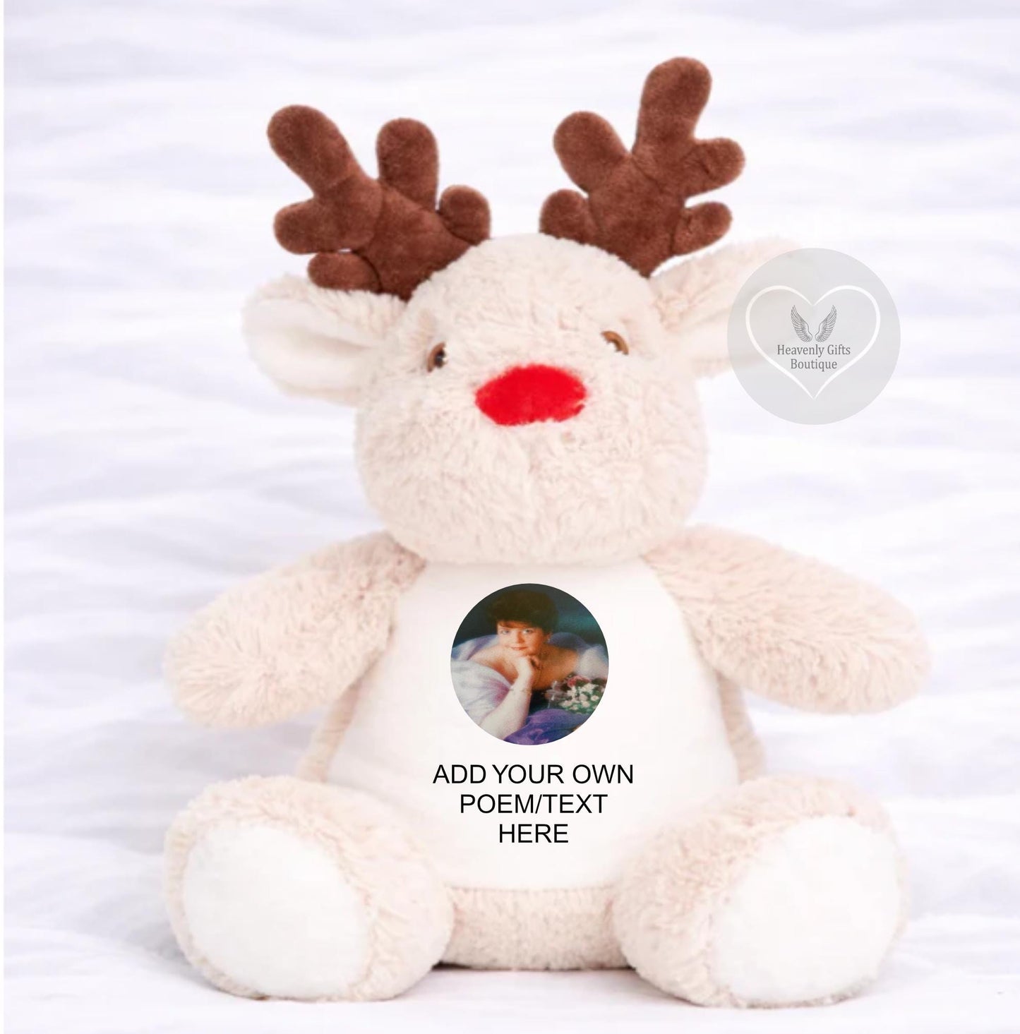 Memorial reindeer keepsake with personalised circle photo