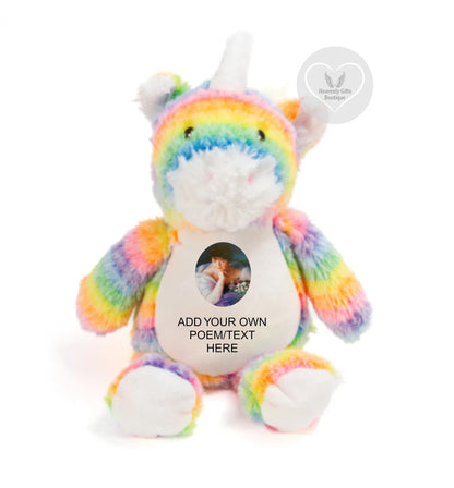 Cuddle Me Tight rainbow unicorn memorial keepsake with personalised circle photo