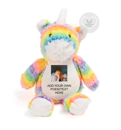 A Cuddle From Heaven rainbow unicorn memorial bear with personalised circle photo