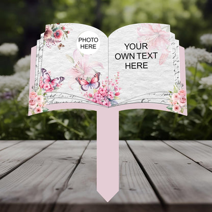 Personalised pink grave marker with custom text and photo panel