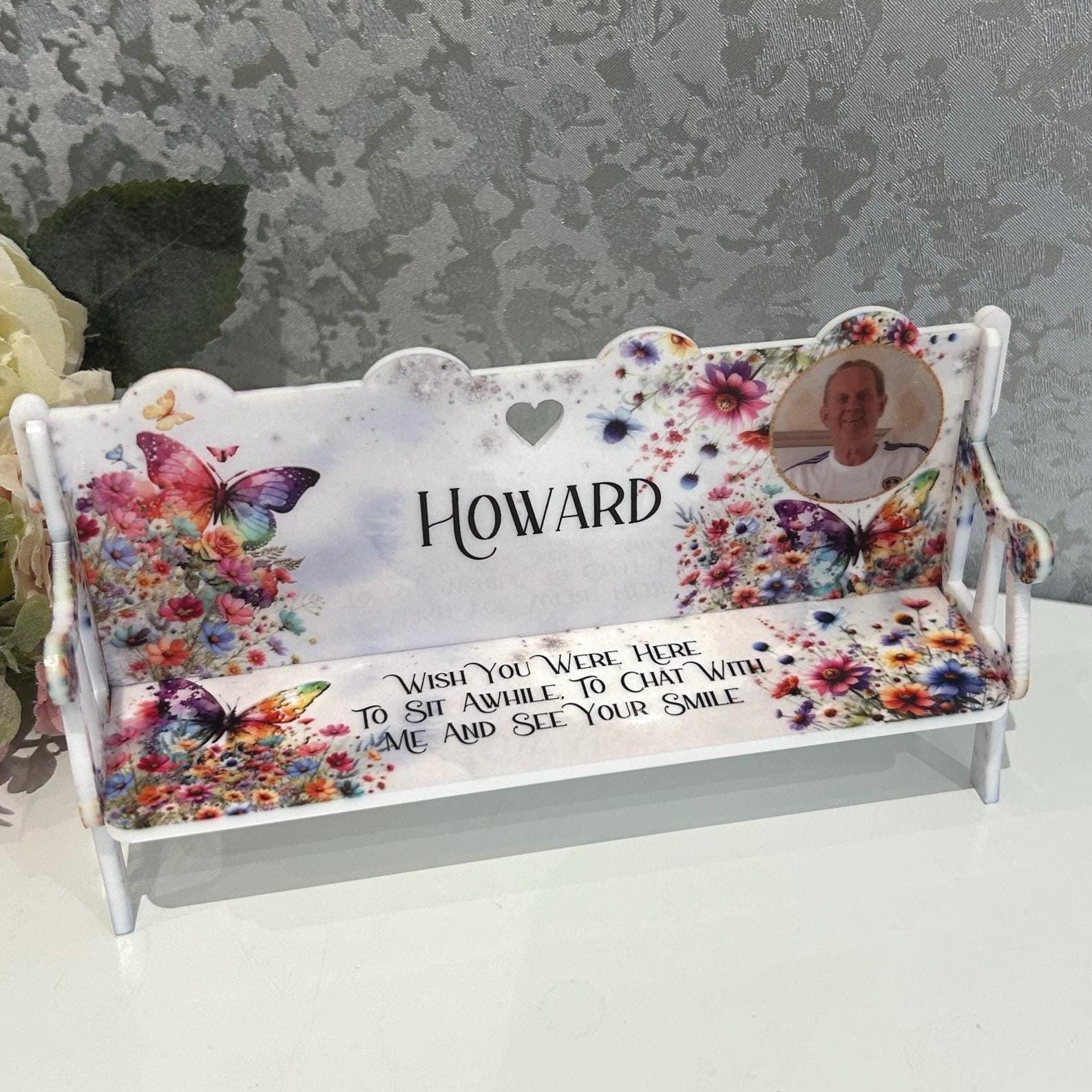 Personalised butterfly memorial bench with photograph 