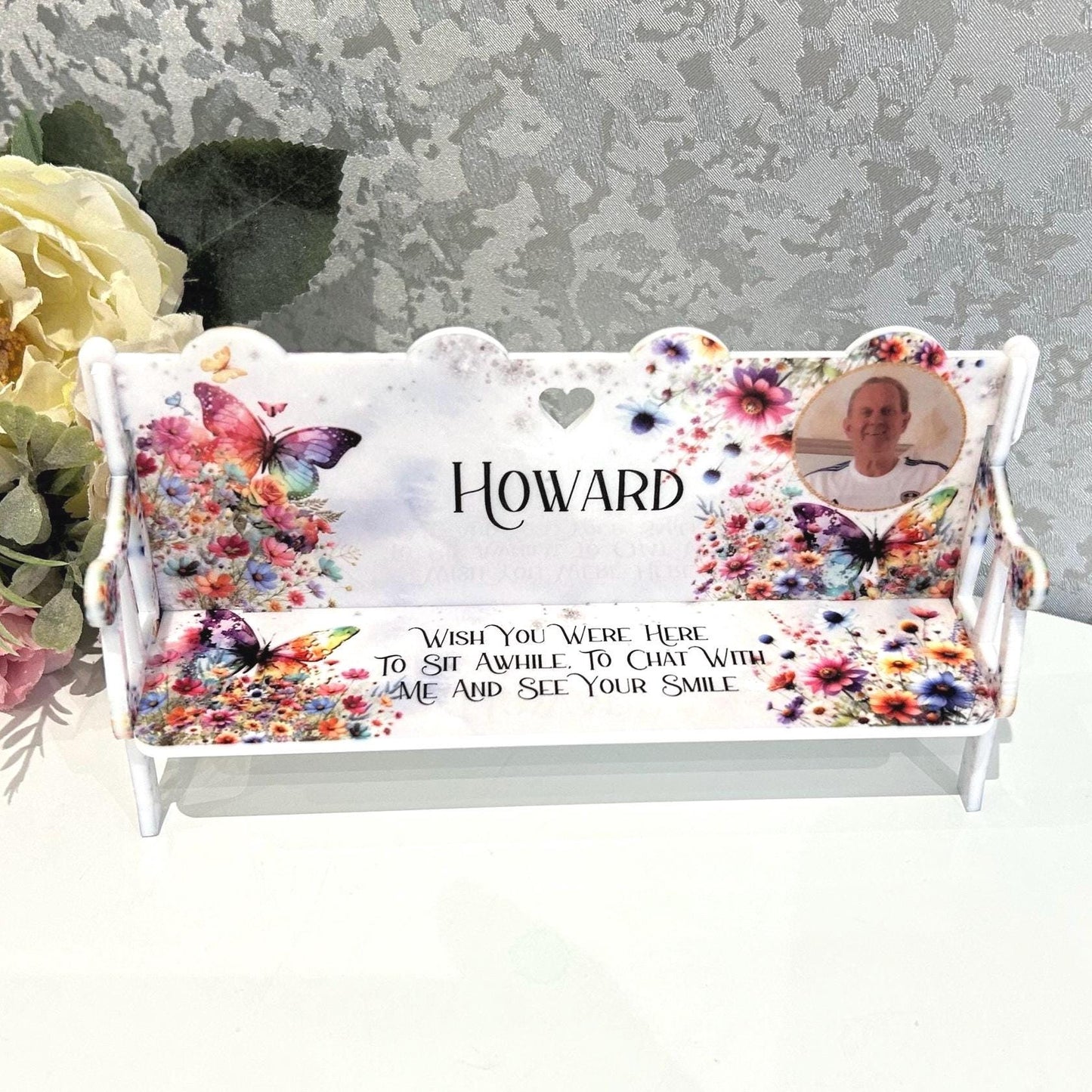 Butterfly memorial bench keepsake with personalised photo and Wish You Were Here message