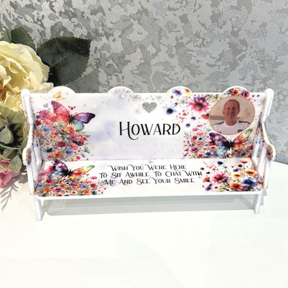 Butterfly memorial bench keepsake with personalised photo and Wish You Were Here message