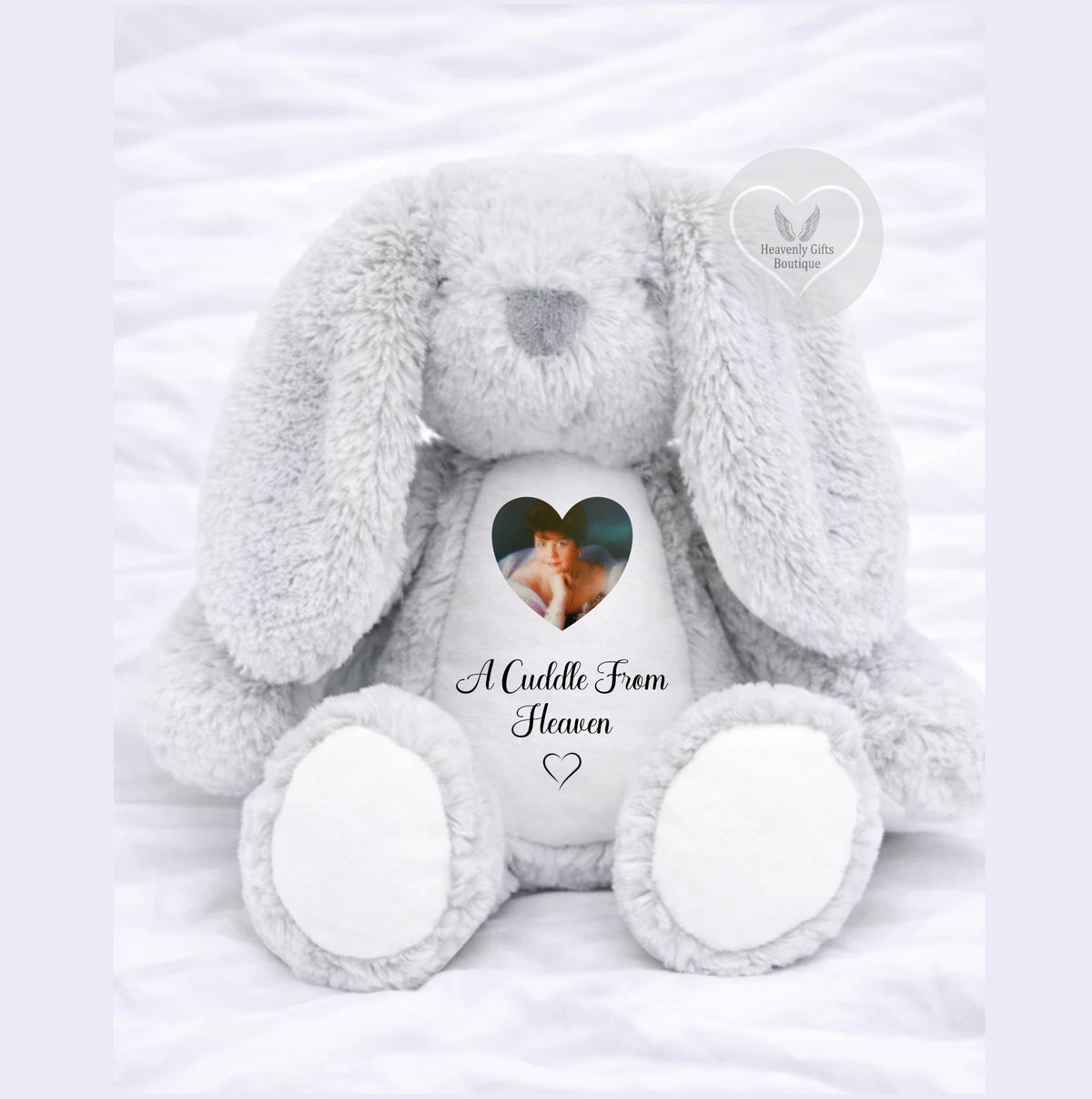 Grey memorial bunny with heart-shaped photo panel on tummy