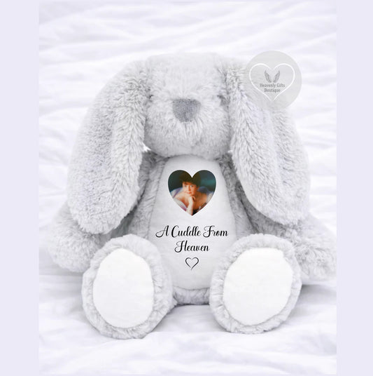 Grey memorial bunny with heart-shaped photo panel on tummy