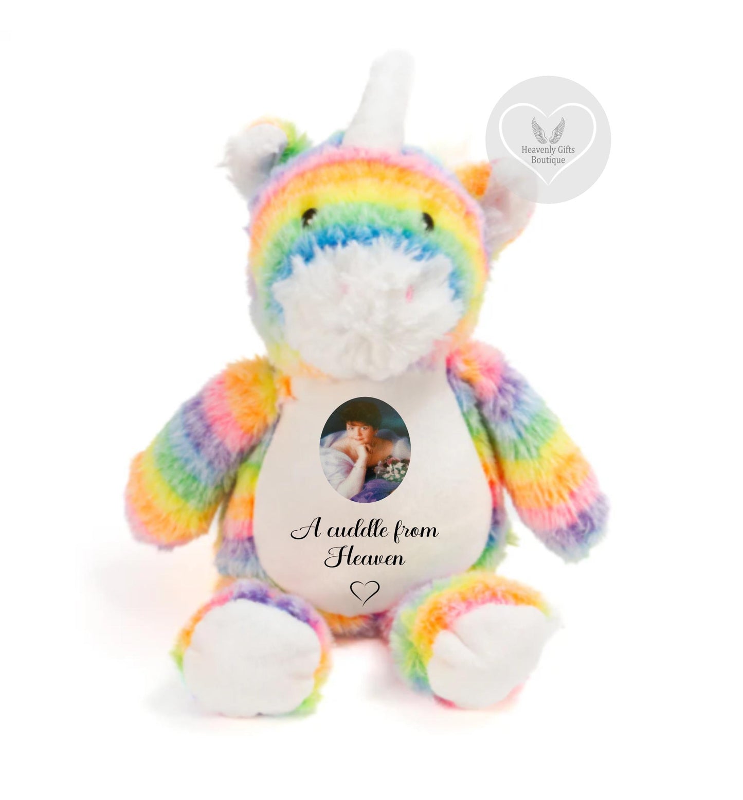Personalised rainbow unicorn memorial bear with square photo and special message