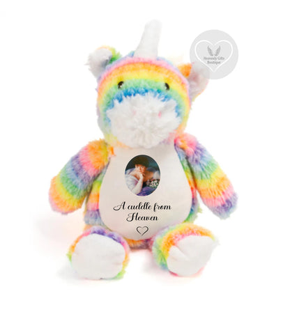 Personalised rainbow unicorn memorial bear with square photo and special message
