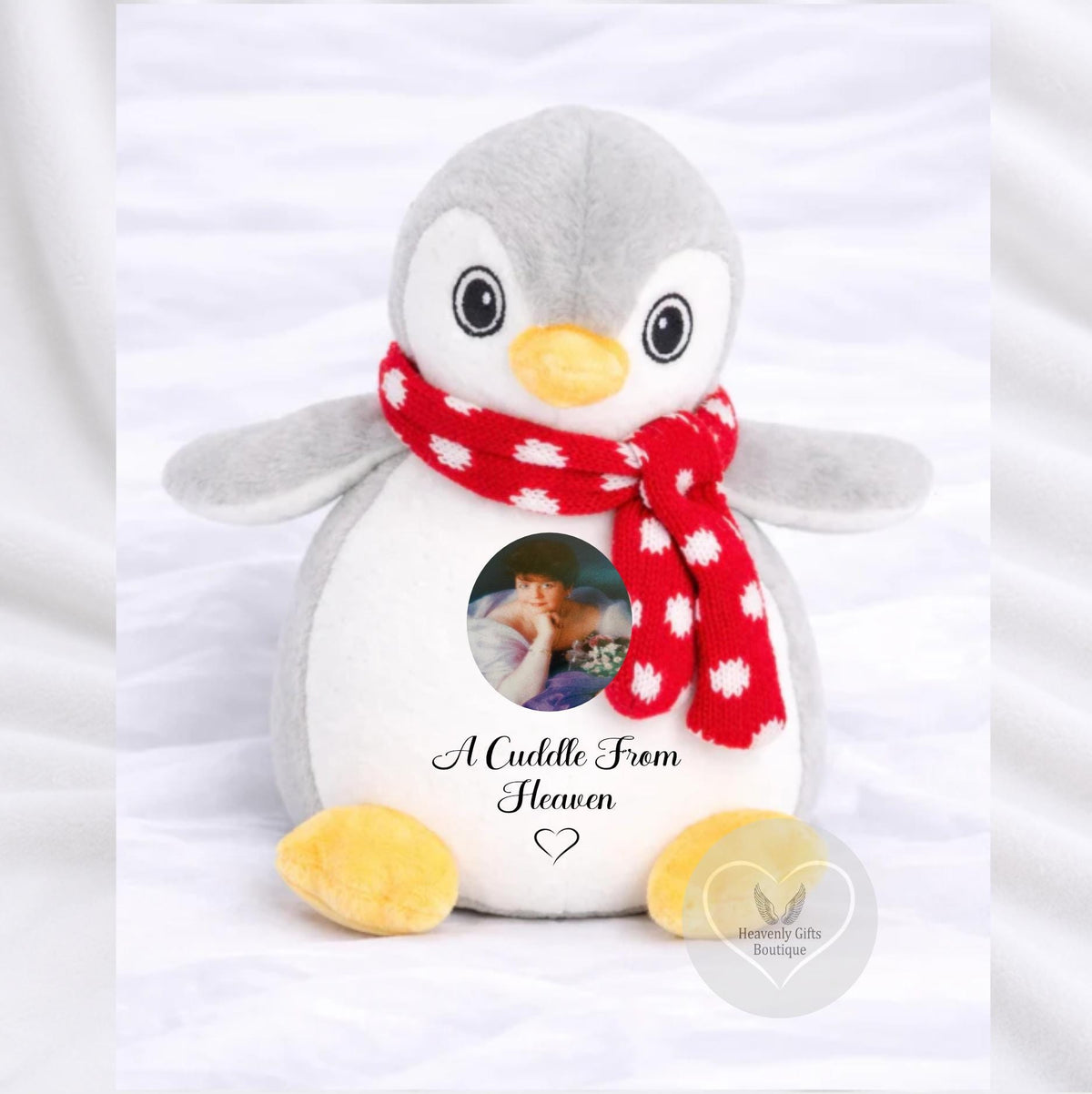 Personalised memorial penguin with photo and custom remembrance wording