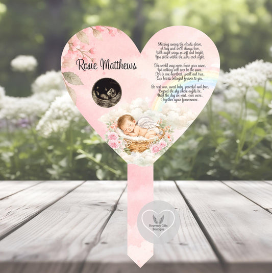 Pink personalised baby loss memorial grave marker with ultrasound photo, name and remembrance poem