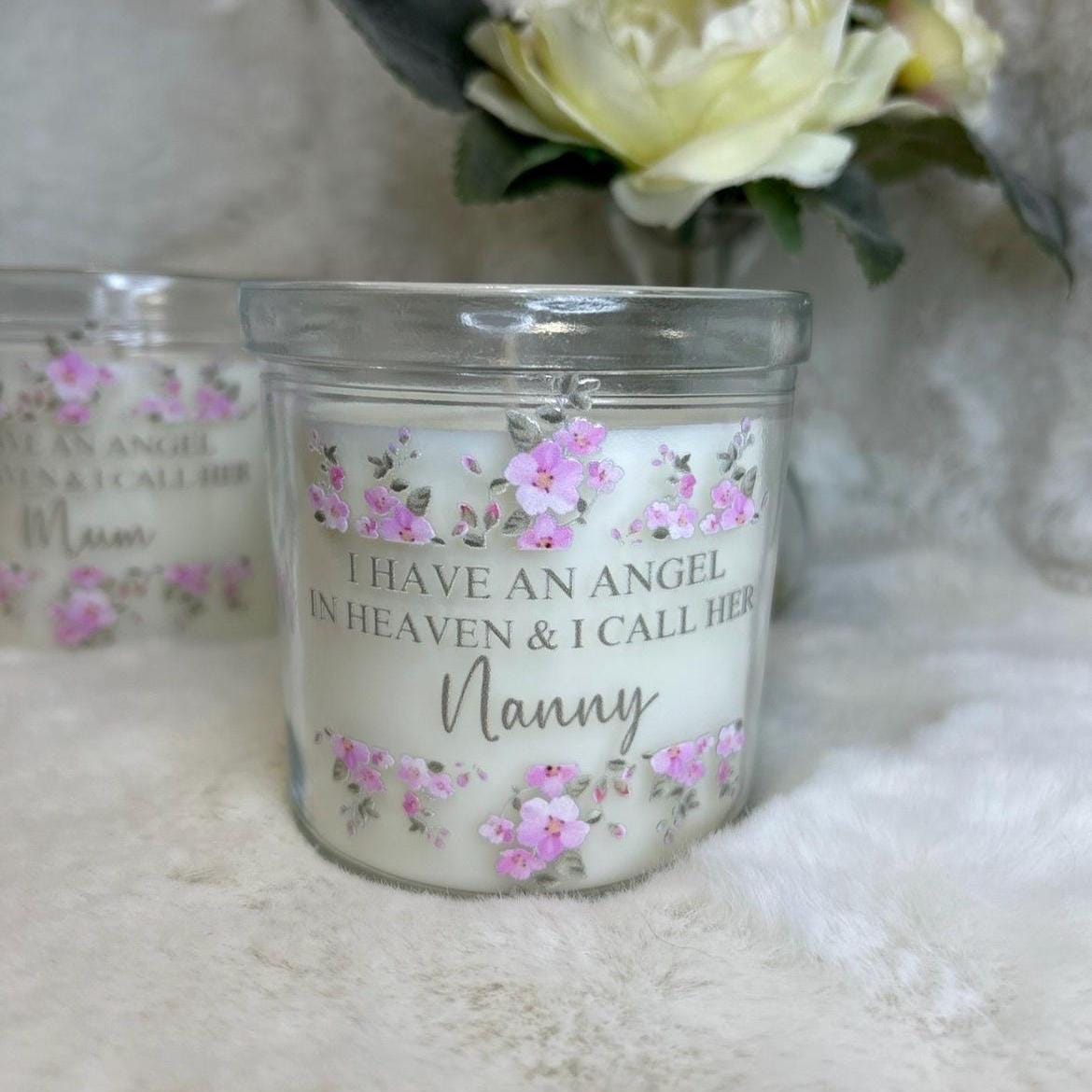 Memorial candle for Mum with angel and pink flower design