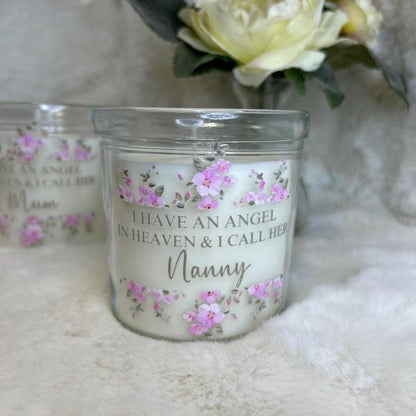 Memorial candle for Mum with angel and pink flower design