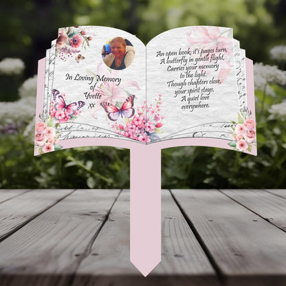Memorial garden stake with floral design and text with photo