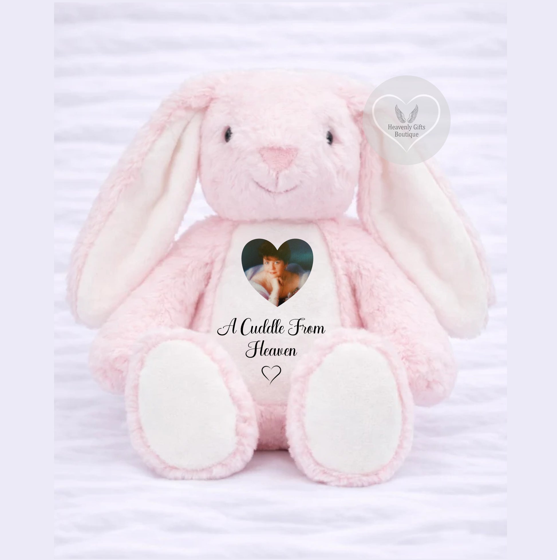 pink memorial bunny with ‘A cuddle from Heaven’ wording